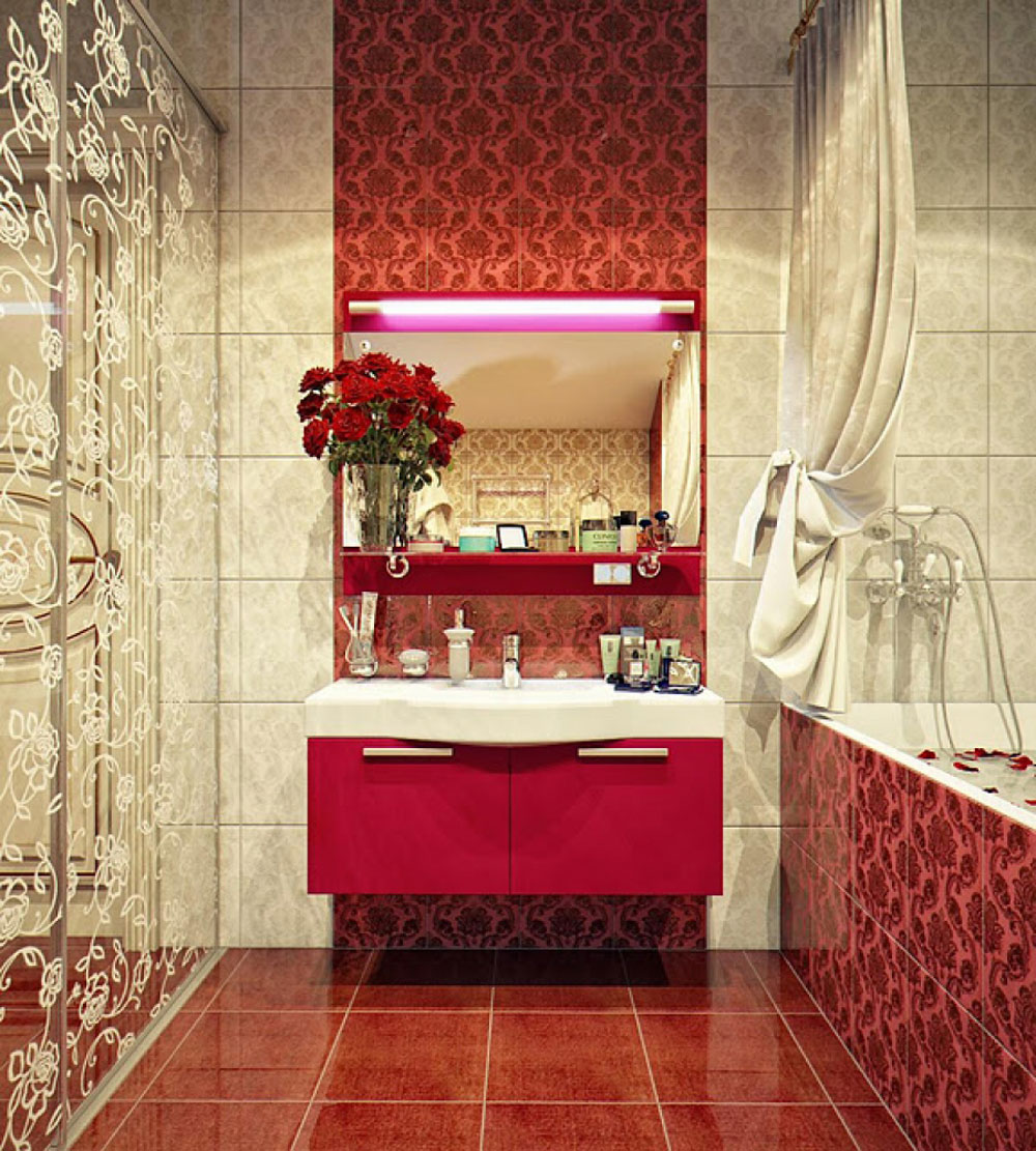 Add Warmth To Your House With Ideas From These Red Bathroom Interiors (3)