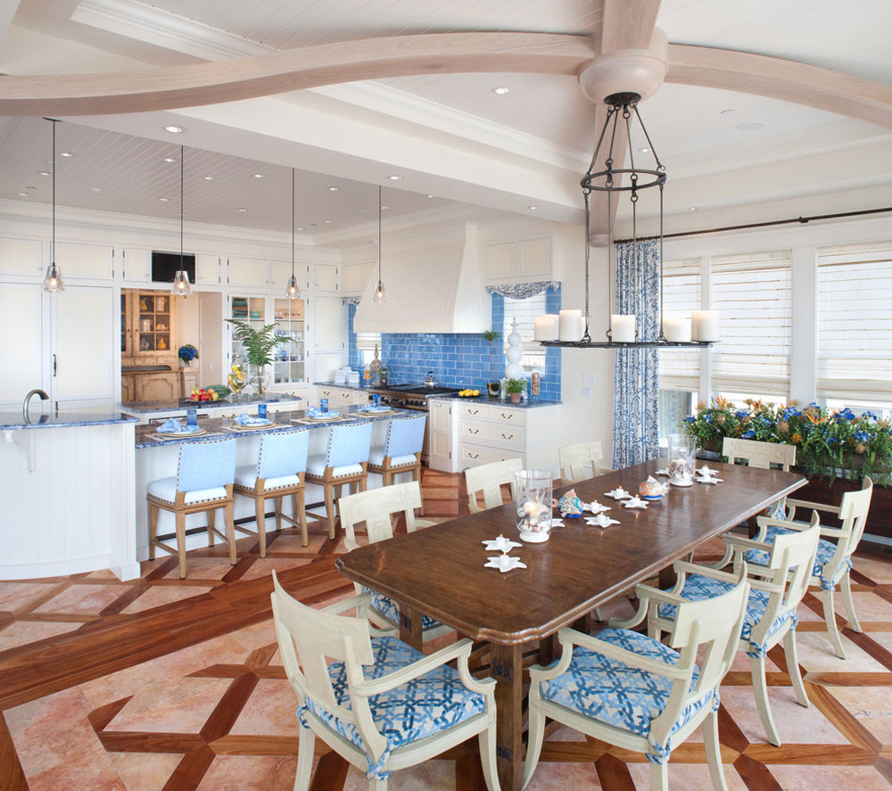 Waterfront-Retreat-by-Bruce-Palmer-Coastal-Design Blue Kitchen Ideas: Cabinets, Walls, and Counters