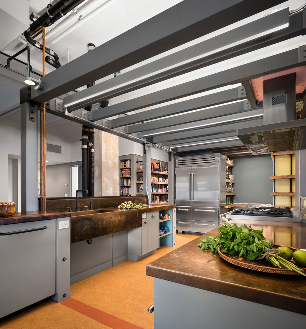 Chelsea-Loft-New-York-NY-by-TOLA-architecture Industrial kitchen ideas: cabinets, shelving, chairs, and lighting