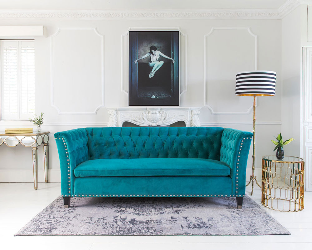 Nightingale-Teal-Blue-Velvet-Sofa-by-The-French-Bedroom-Company Teal color: colors that go well with teal in interior design