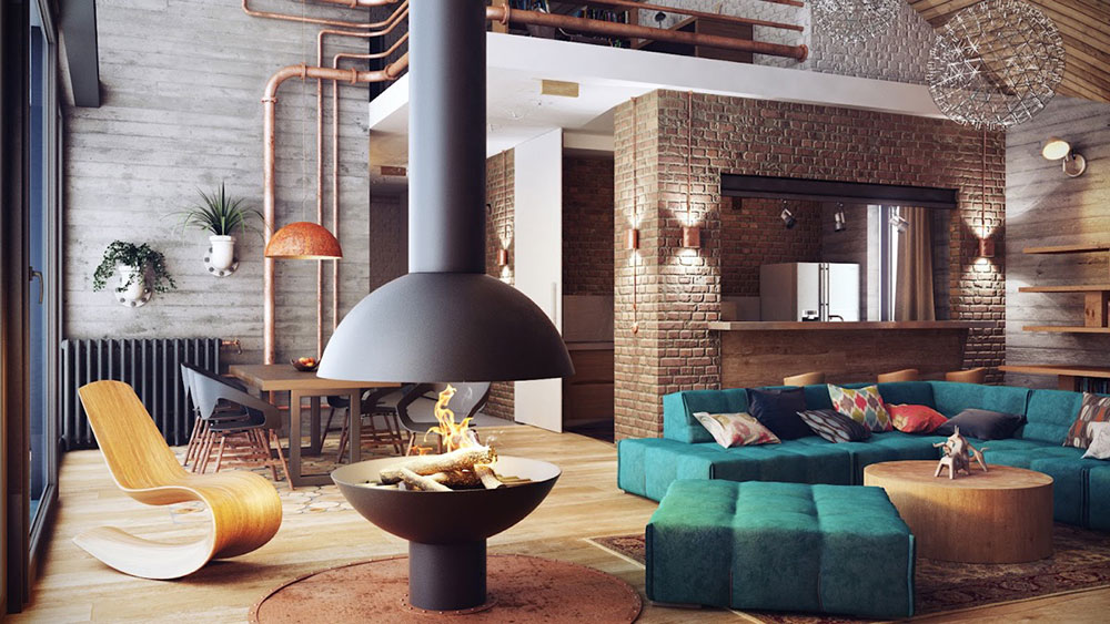 central-fireplace-wooden-chair-industrial-living Modern Industrial Interior Design: Definition & Home Decor