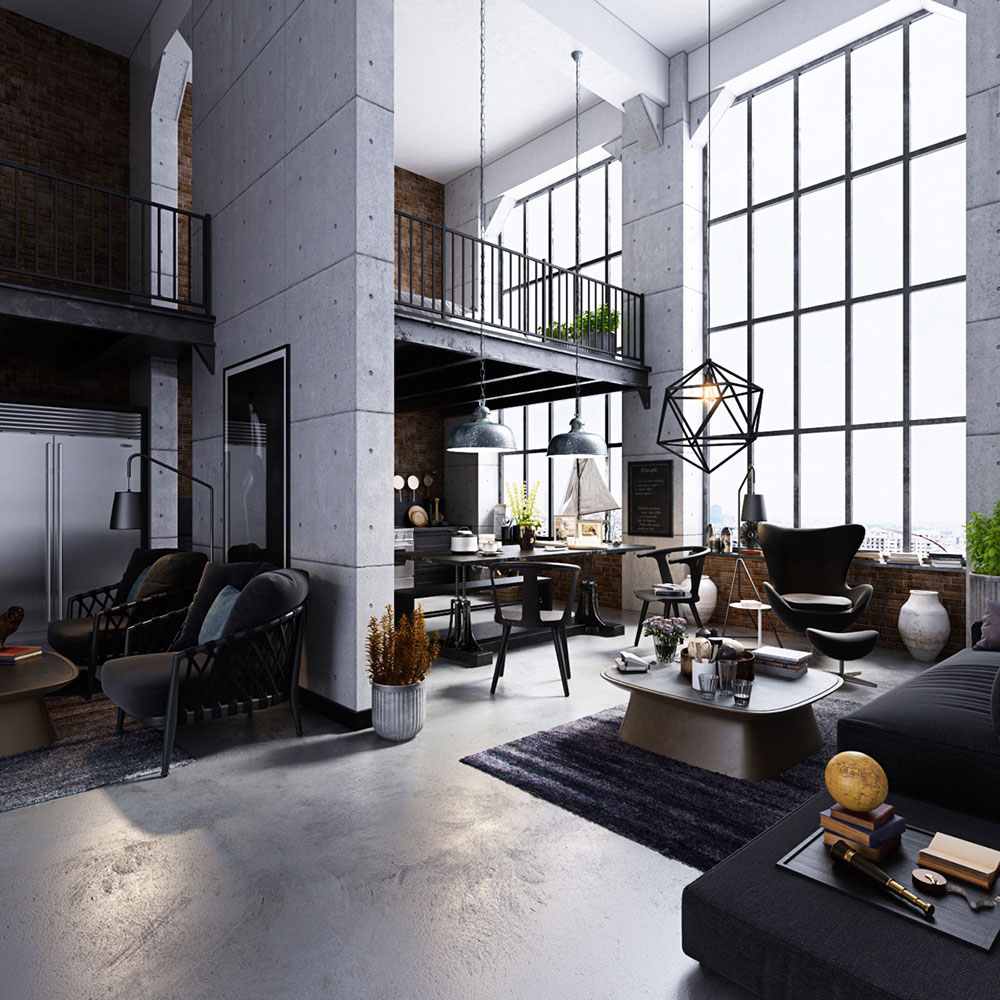 high-ceilings-factory-windows-industrial-living-room-decor Modern Industrial Interior Design: Definition & Home Decor