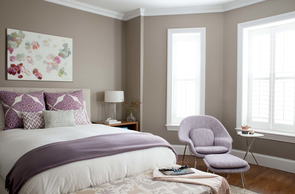 Transitional-Bedroom-by-Justinesterling Colors that go with purple and how to decorate with this color