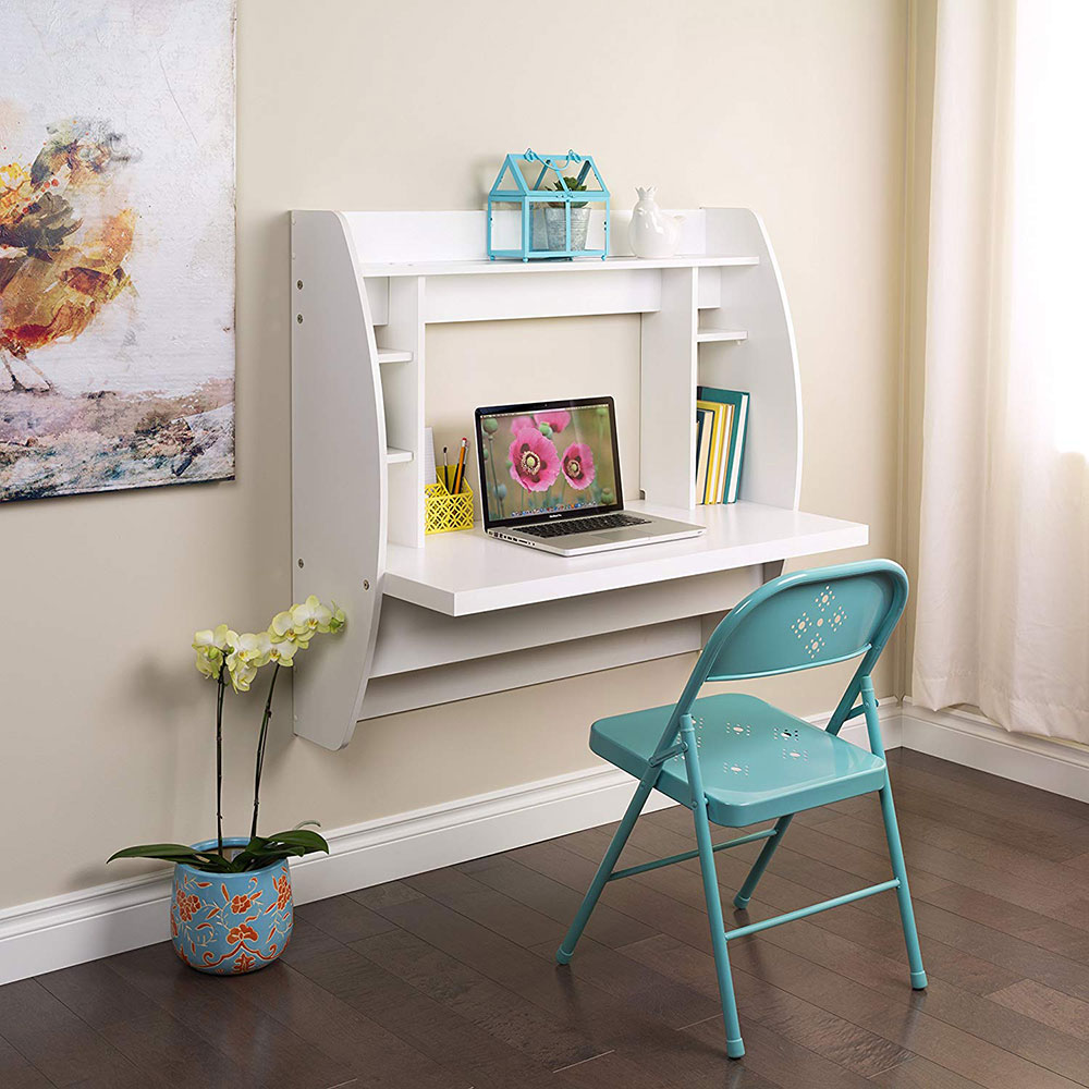 White-Floating-Desk-with-Storage Using a desk for a small space and the options that you can try