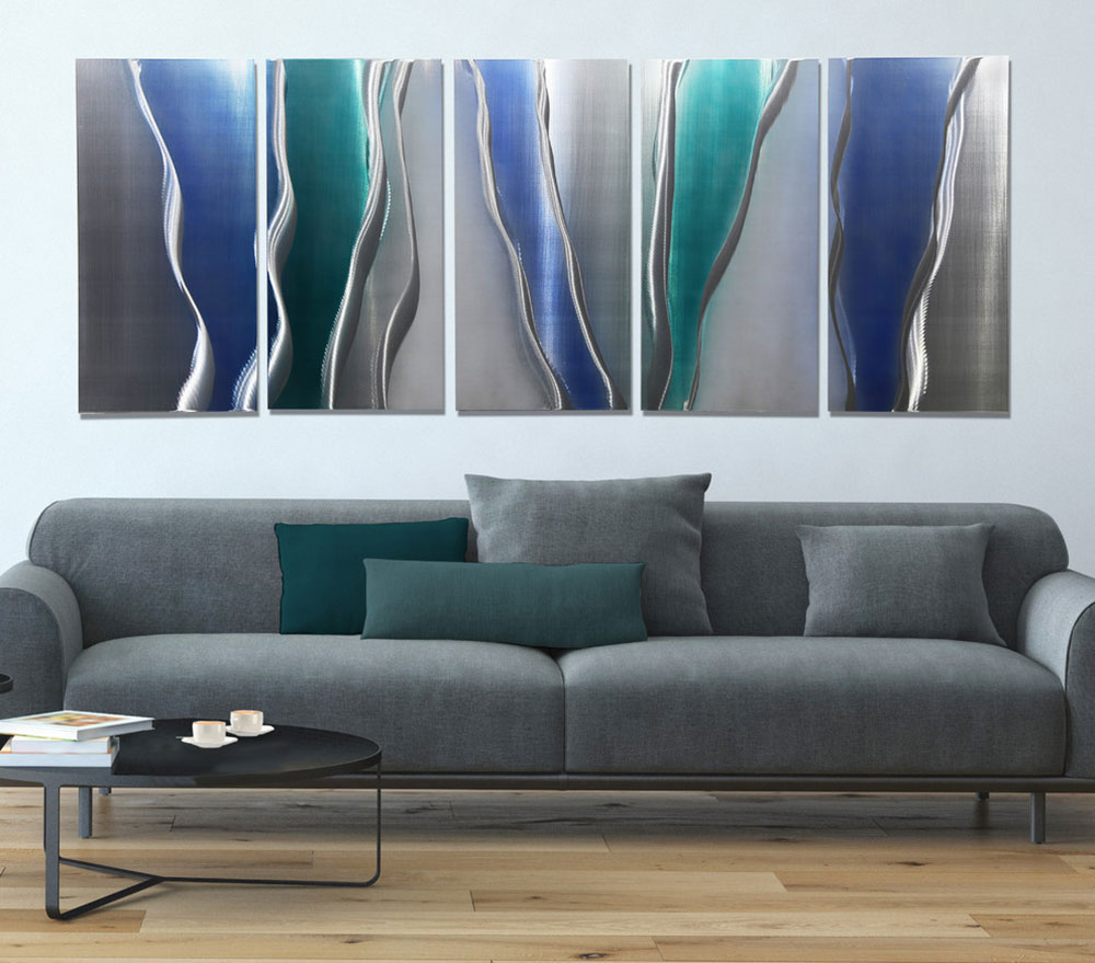 Glacier-Falls-Fusion-of-Silver-Blue-and-Turquoise-Abstract-Metal-Painting-by-Jon-Allen-Fine-Metal-Art Wall painting ideas you should try for your rooms