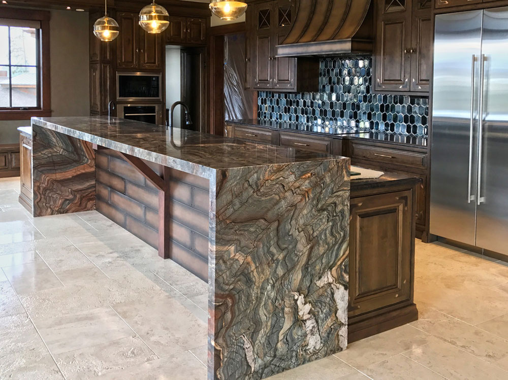 6cm-Fusion-Granite-Kitchen-Island-mirrored-6cm-Mitred-edge-and-waterfall-edge-by-YK-Stone-Center-Inc. How to use a waterfall countertop to make an awesome kitchen