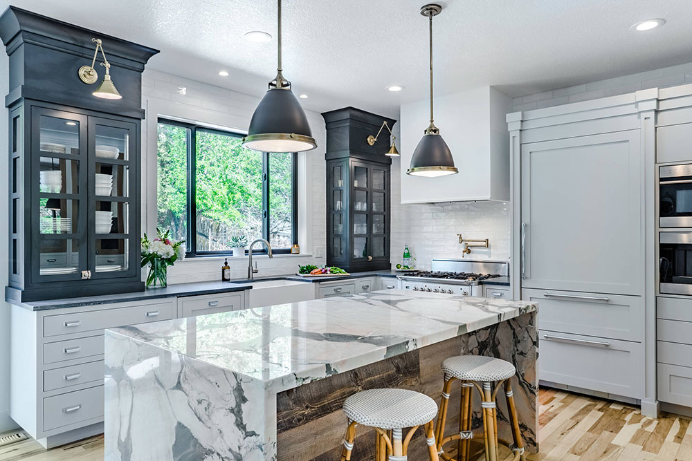 INDUSTRIAL-FRENCH-by-Kitchen-Society-Design How to use a waterfall countertop to make an awesome kitchen
