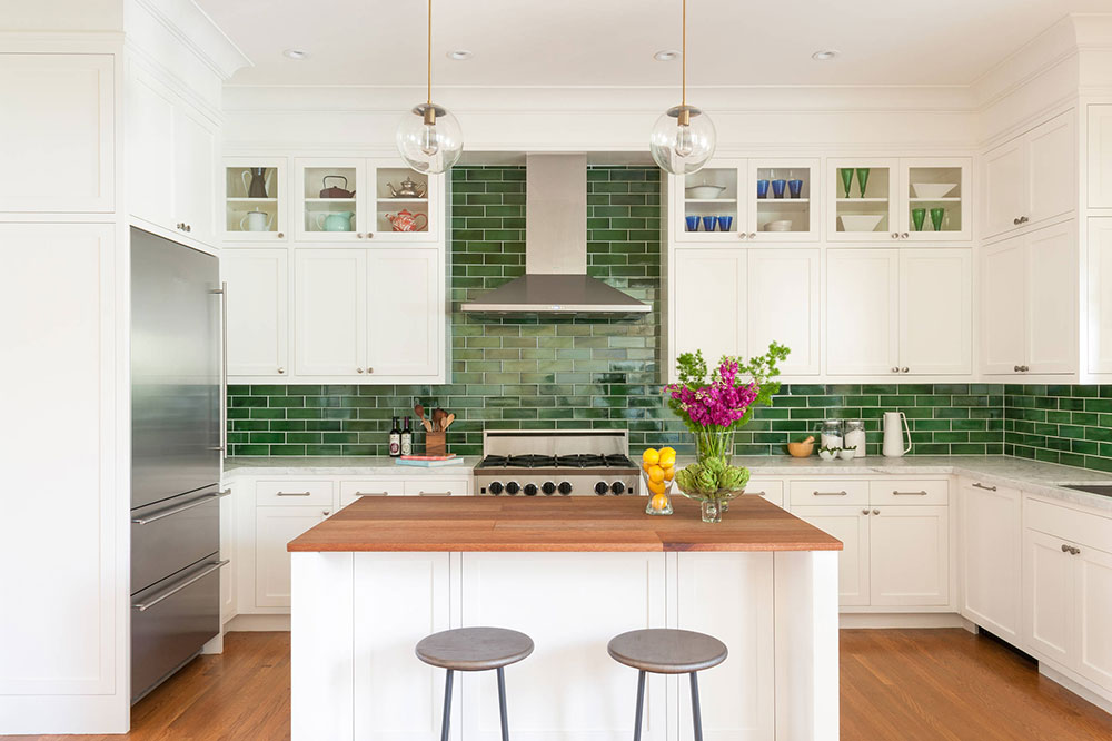 White-Cabinets-and-Green-Subway-Tile Great Kitchen Color Schemes with White Cabinets